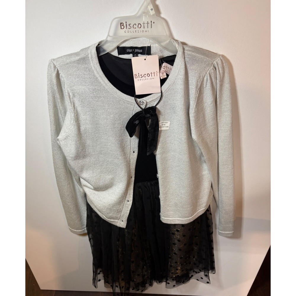 Biscotti Collezioni Girls Dress Set 10 Silver Cardigan Black Tulle Polka Dot